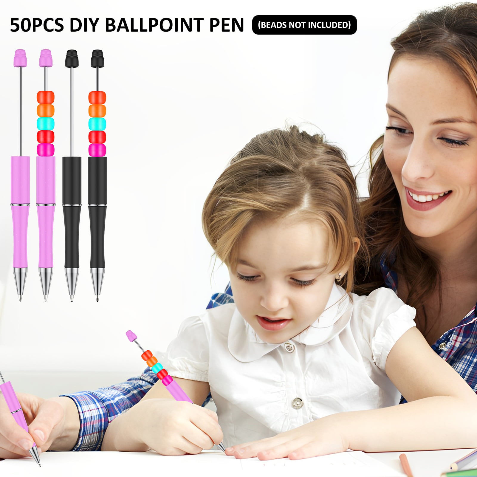 Kosiz 60 Pieces Plastic Beadable Pen Bead Ballpoint Pen Black Ink Beaded  Pens for Kids Students Presents Office School Supplies (Rainbow,Simple)