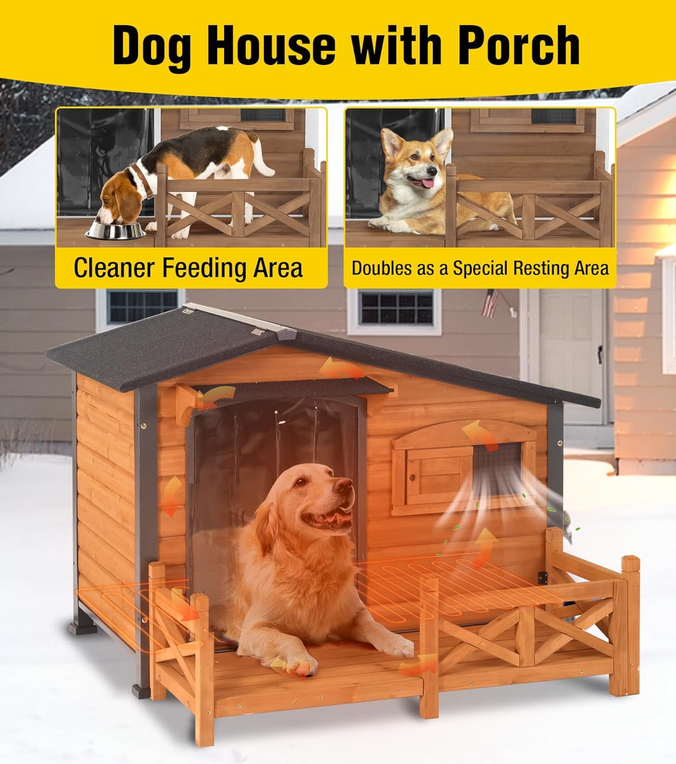 Aivituvin Heated Dog House Outdoor Dog Kennel with Safe Heated Pad, Chew-Proof Metal Frame and Rotating Food Bowl for Small to Medium Dogs, 44.6" L x 41.1" W x 32.9“H (Brown)