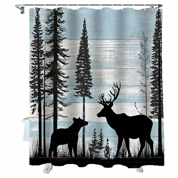 Shower Curtains Bear Deer Forest Bath Curtain Animal Blue Wood Grain Waterproof Bathroom Shower Curtain Set with Hooks Decoration 36 x 72 Inches
