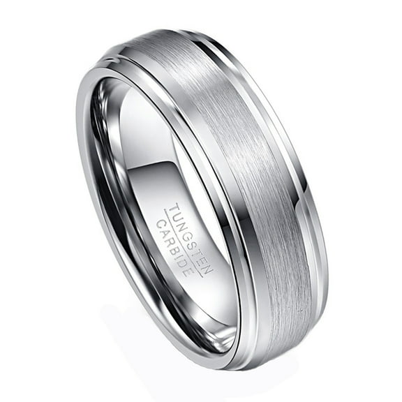 7mm Silver Tungsten Rings for Men Brushed Finish Wedding Band with Beveled Edges Comfort Fit