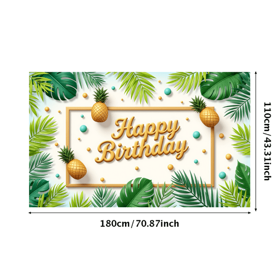 Tropical Design Happy Birthday Banner Decorative Pineapple Leaves Backdrop for Birthday Celebration Party