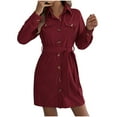 thumbnail image 2 of YHAJDS Women's Fall Winter Casual dress,Long Sleeve Dress Fall Dresses For Women Women's Dresses Solid Color Collared Button Tie Fake Pocket Corduroy Shirt Midi Dress Casual Dress, 2 of 5