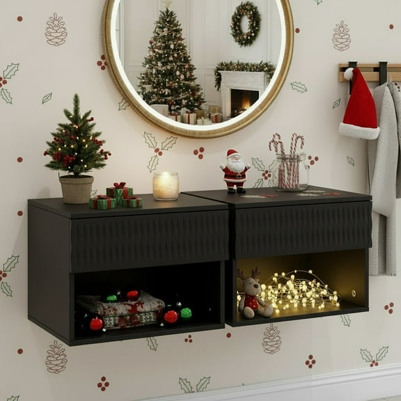 Resenkos Wavy-Textured Double-Mounted Wall-Mounted Floating Bedside Table, Modern Cabinet Drawer Insert for Bedroom/Bathroom Storage, Black