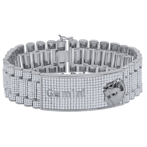 Zodiac Sign Gemini Twins 14K White Gold Finish Simulated Diamond Mens Bracelet 8.5''