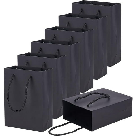 10 Pcs Thickened Kraft Paper Bags Black Paper Gift Bags Shopping Bags with Handles Recyclable Goody Bags for Gift Birthday Wedding Party Celebrations 4.72×2.36×6.3 Inch Black