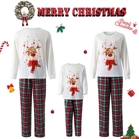 

Christmas Family Matching Pajamas Sets Elk Print Tops Plaid Pants Xmas Holiday Sleepwear Loungewear Jammies Pjs Outfit