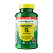 Spring Valley Extra Strength Vitamin B12 Supplement Fast Dissolve Tablets for Metabolism Support, Cherry, 5000 mcg, 300 Count