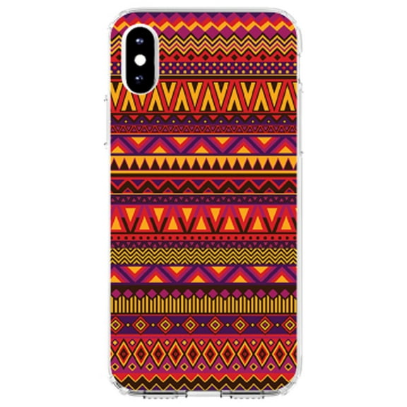 DistinctInk Clear Shockproof Hybrid Case for iPhone XS Max (6.5" Screen) - TPU Bumper, Acrylic Back, Tempered Glass Screen Protector - Purple Red Yellow Tribal Print