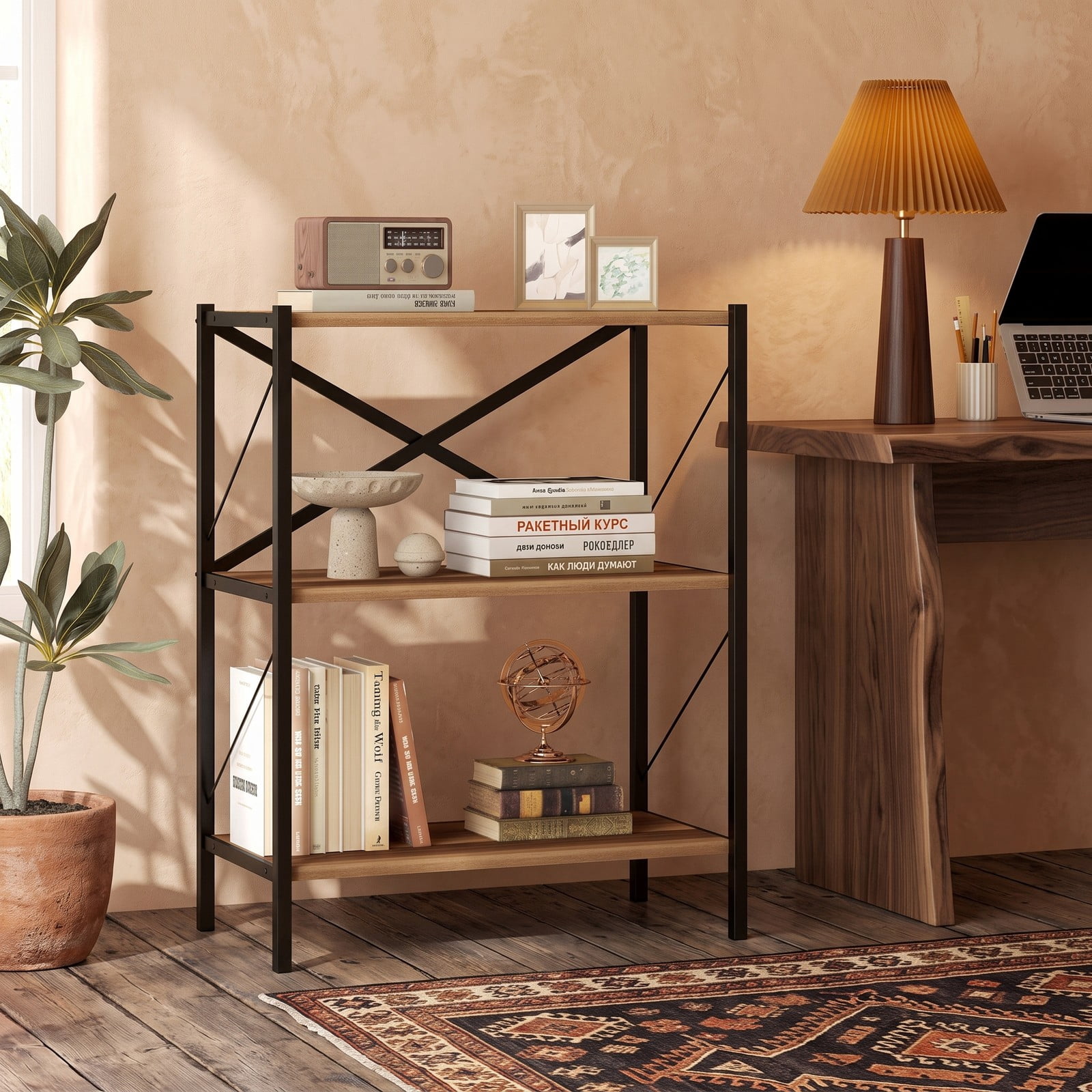 Furnibear 3-Tier Bookshelf with Heavy-Duty Metal Frame, Freestanding X-Braced Bookcase Storage Organizer Shelf with Anti-Tipping Device for Living Room, Home, Walnut