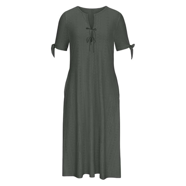 mfyjkho Vestidos midi para mujer, Vestido informal de manga corta con cuello redondo y bolsillos de color liso para mujer Vestidos de otoño xl