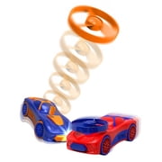 Spinz 2 Pack Race Cars with Flying Disc Launchers, Pull Back Bumper Toy Racer, Kids, Boys, Girls Gift, Blue/Red & Blue/Yellow, Ages 3+