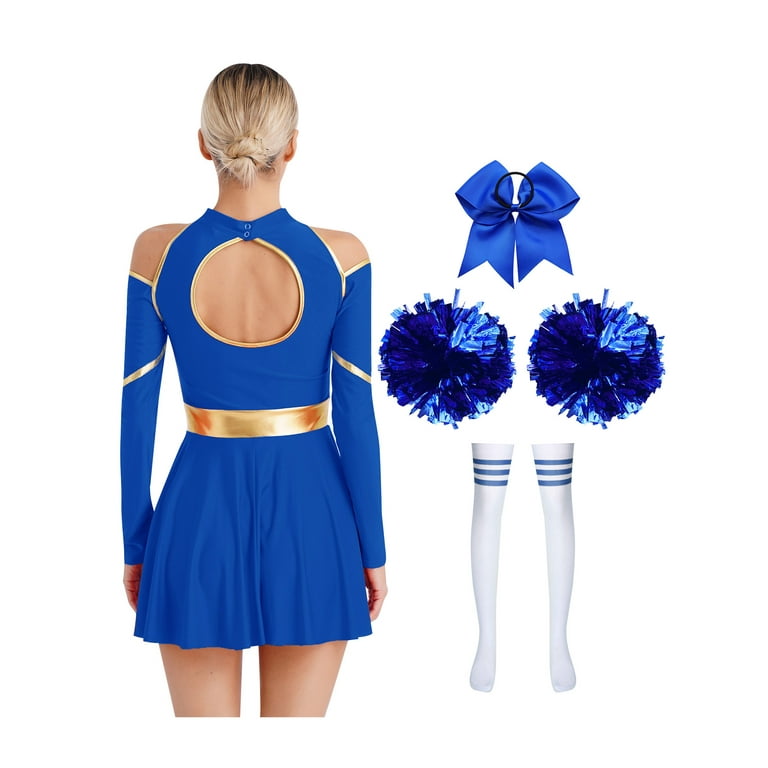 iEFiEL Womens Cheer Leader Dance Uniform Long Sleeve Dress with Stockings  Hair Band Pompoms Dance Outfit Royal Blue A XXL - Walmart.com