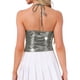 thumbnail image 3 of Camiseta sin espalda metálica Inspire Chic para mujer, con tirantes asimétricos y halter, top brillante XS en plata oscura, 3 of 6