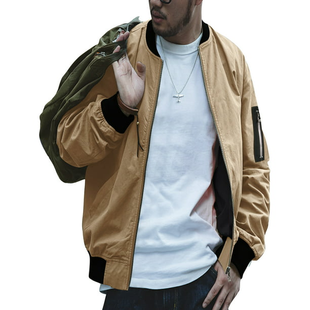 Capreze Varsity Long Sleeve Bomber Jackets Stand Outwear Active Zip Up Khaki M - Walmart.com