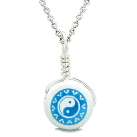 Lucky Ying Yang Balance - Handcrafted Cute Ceramic Lucky Charm Aqua Yin Yang Balance Amulet Pendant 18 Inch Necklace