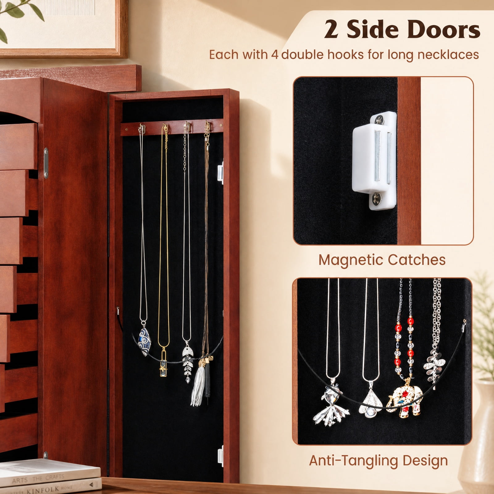 Furnibear Large Capacity Jewelry Storage Cabinet with 9 Drawers for Bedroom Dressing Room Jewelry Necklace Rings Storage Mirror, Walnut