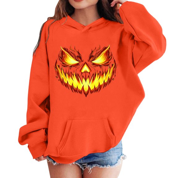 Grblisyd Girls Hoodies Sweatshirt Casual Sport Clothing for Kids Fashion Pumpkin Face Trendy Hooded Pullover 6-13 Years Old Fall Outfit