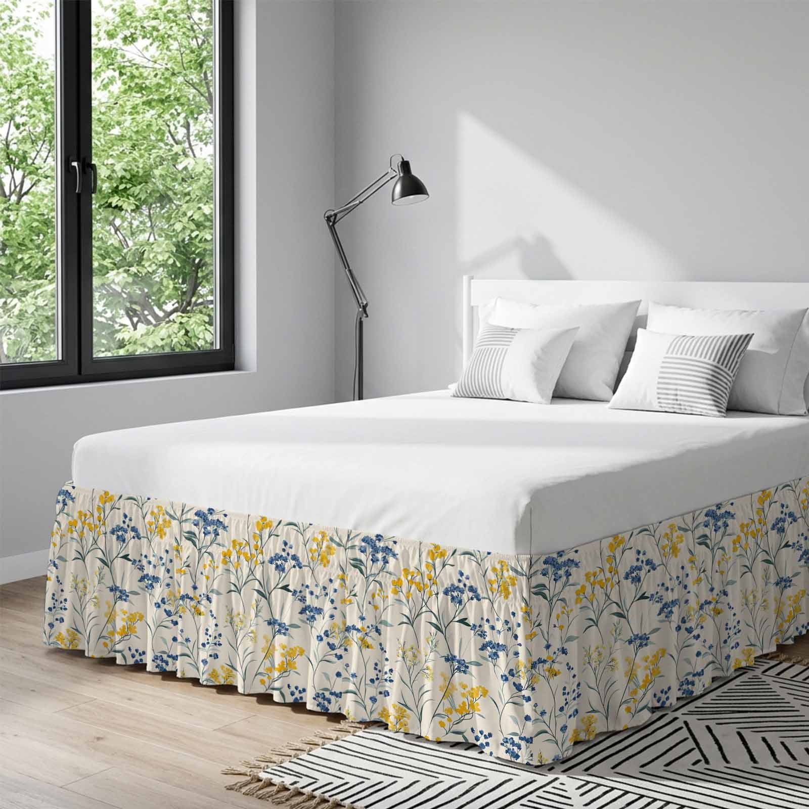 Yellow Blue Flowers Bed Skirt King Size, Watercolor Botanical Floral Plants Wrap Around Bed Skirting with Adjustable Elastic Strap, Dust Ruffle Pleated Bedskirts 16 Inch Drop for Bedroom King Beds