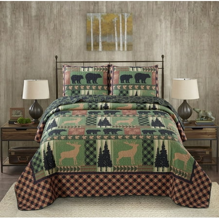 Virah Bella - Autumn Forest Green - Lightweight Reversible 3-Piece Lodge Quilt Set with Decorative Pillow Shams.