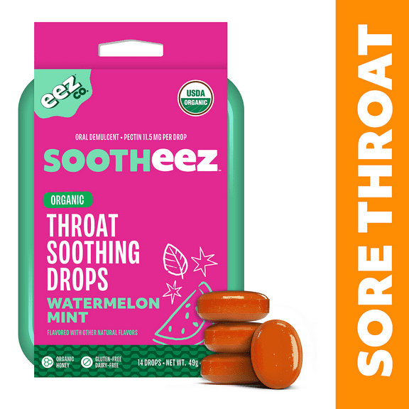 Sootheez Organic Throat Soothing Drops for Sore Throat Relief, Watermelon Mint Flavor, 14 Count