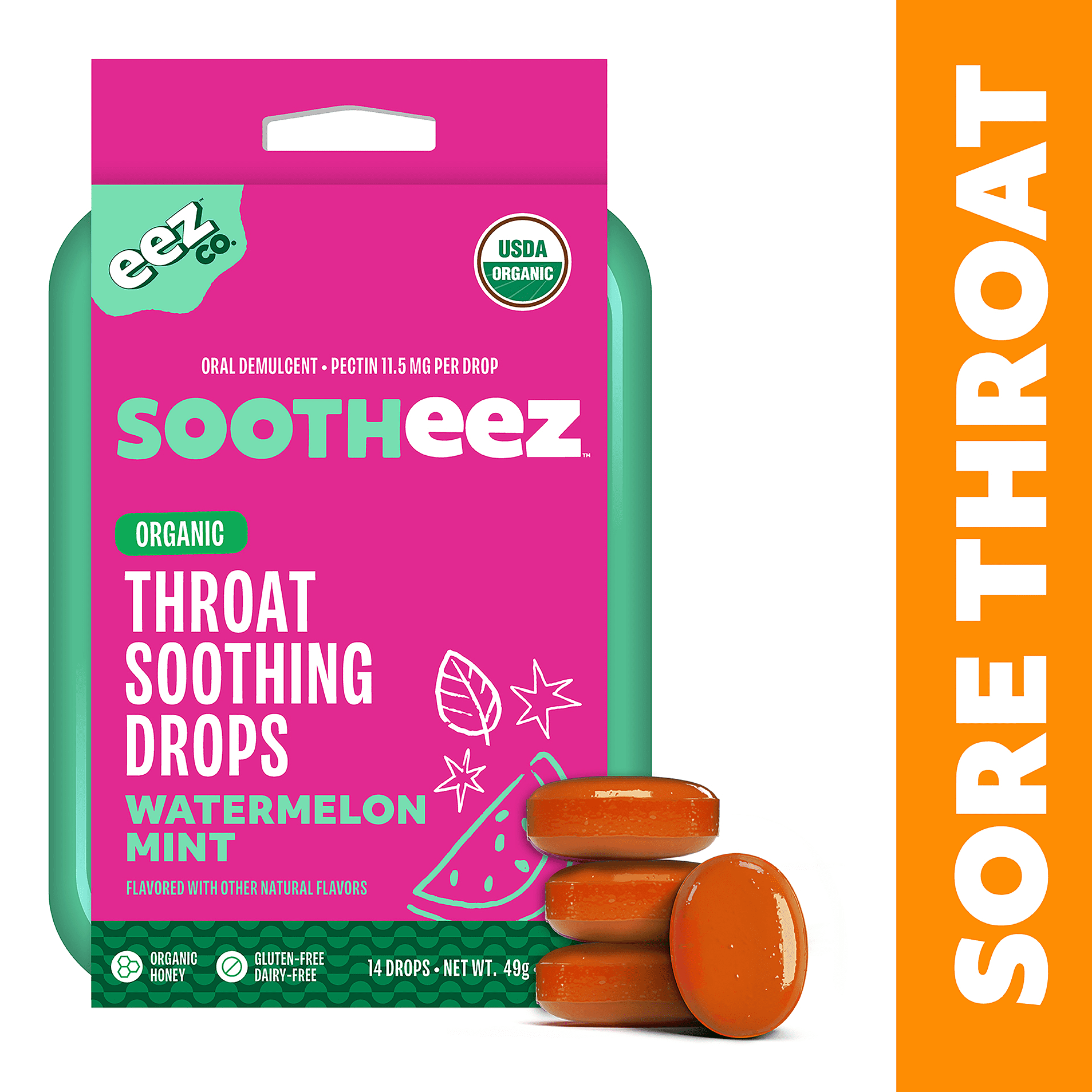 Sootheez by EEZ Co. Organic Throat Soothing Drops, Watermelon Mint, 14ct