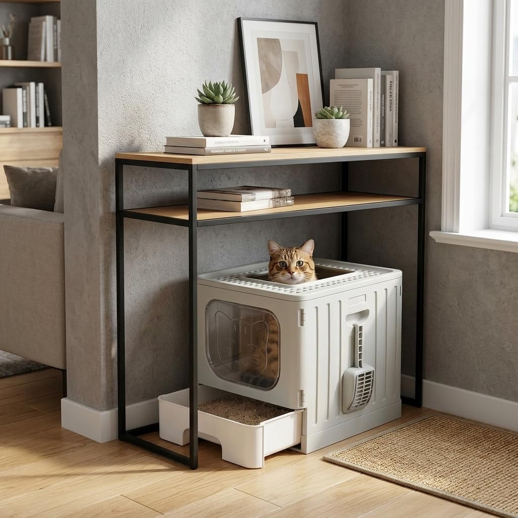 Enclosed Cat Litter Box with Lid, High-Sided Kitty Litter Pan with Drawer and Scoop, Grey
