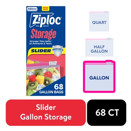 Ziploc® Brand Storage Slider Gallon Bags, Power Shield™ Technology, Expandable Bottom, 68 Count