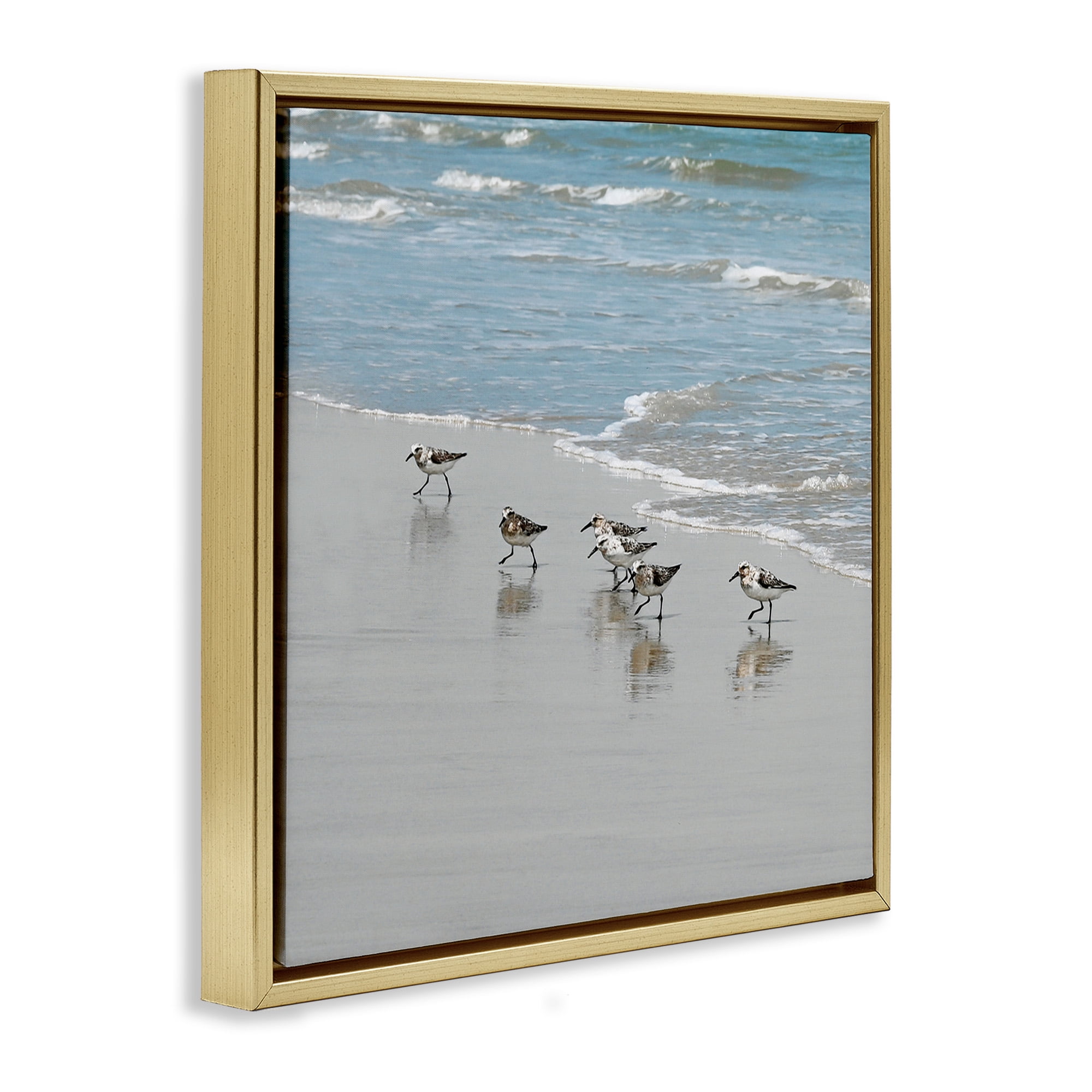 Stupell Industries Sandpipers on Shore Reflection Nature Painting Gold Floater Framed Canvas Art Print Wall Art, 18 x 18