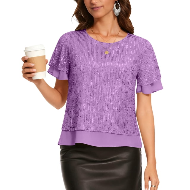 Craaazy Women's Sparkle Short Sleeve Top with Scallop Hem and Round Neck Gifts