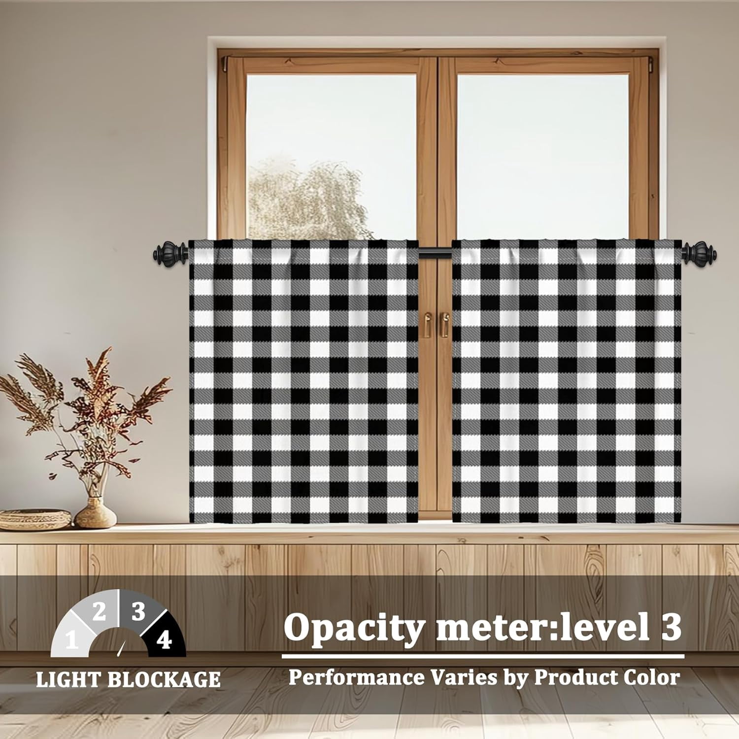 27.5 x 24 Inch Buffalo Check Tier Curtains for Kitchen Thick Linen Buffalo Plaid Gingham Rod Pocket Cafe Bathroom Window Curtains Dining Room Short Window Treatment Burgundy Teal Black 2 Panels