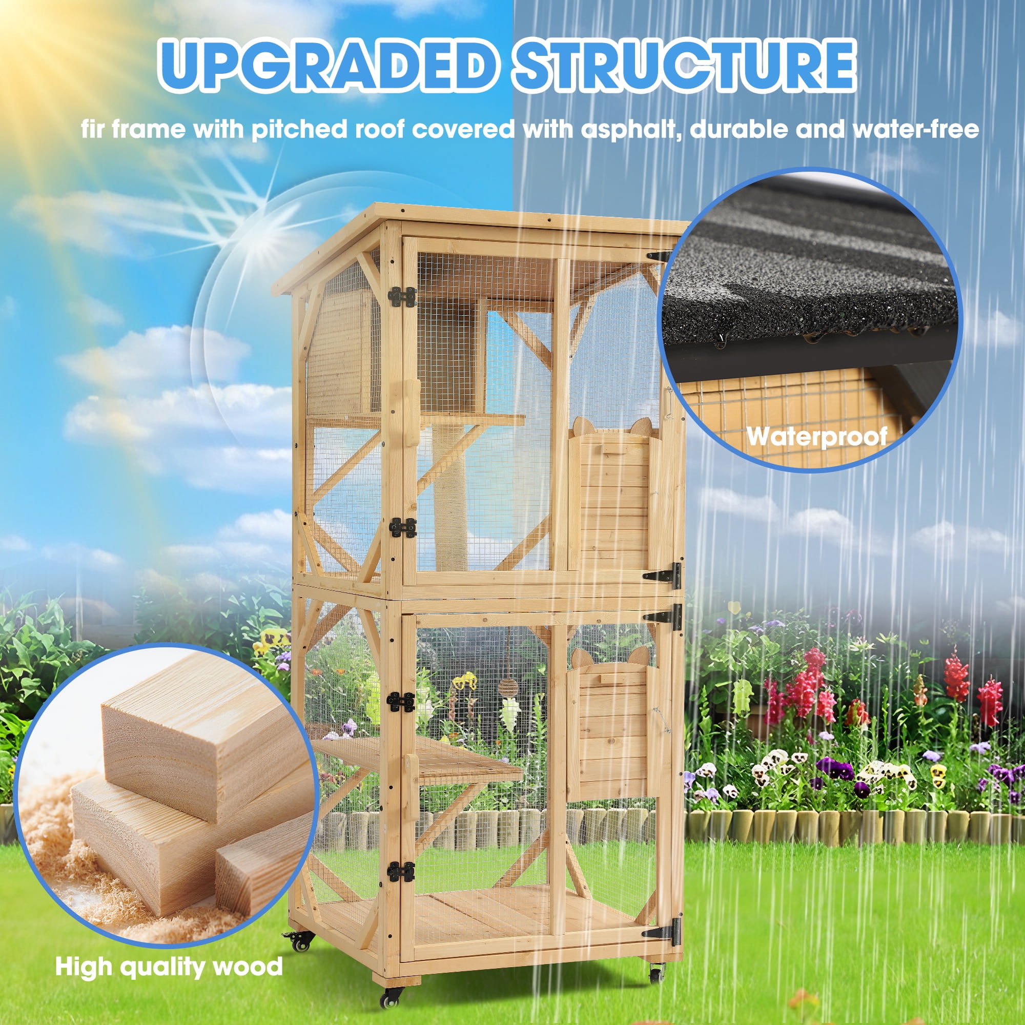 Haverchair Catio Outdoor Cat Enclosure with Scratcher - 4-Tier Large Indoor Wooden Window Catio Cat House W/Asphalt Waterproof Roof, Wheels, Resting Box, Platforms, Cat Toys Ball, Pet Cage Playpen