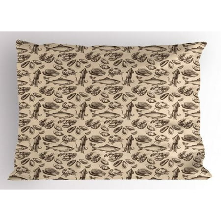 - Vintage Pillow Sham Hand Drawn Sketch Pattern with Many Sea Animals Crab Oyster Fish Octopus, Decorative Standard Size Printed Pillowcase, 26 X 20 Inches, Tan and Seal Brown, by Ambesonne