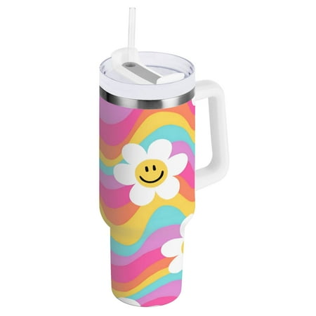 

40oz Travel Mug with Straw Car Bottle Insulated Mug with Handle Reusable Stainless Steel Water Bottle for Car Travel Home Colorful Wavy Smiley Face Floral