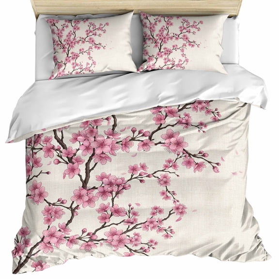 Spring Flowers Bedding 3 Piece Duvet Cover Set Twin Size, Pink Cherry Blossom Branches Plants Beige Microfiber Comforter Cover with Zipper Closure & Pillowcases, Wrinkle & FadeResistant Quilt Cover