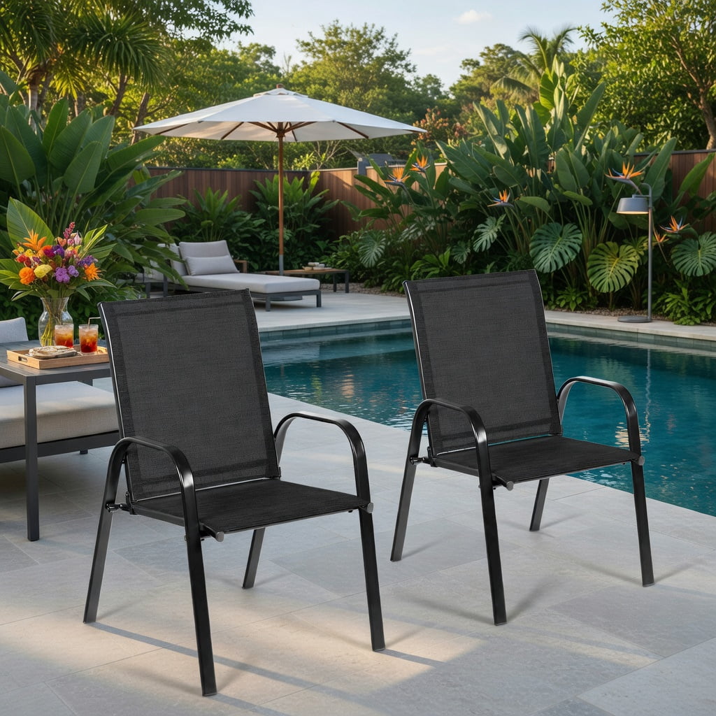 Hommoo 2-Pack Outdoor Dining Chairs with Armrests, Heavy-Duty Steel Frame, Breathable Fabric, All-Weather Patio & Balcony Seating, Black