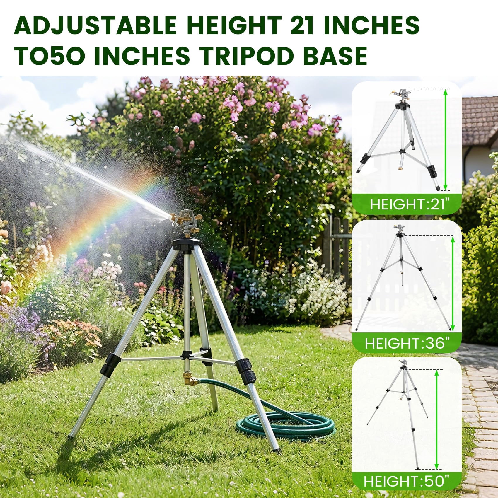 50" Brass Impact Sprinkler On Tripod Base 2pcs Heavy Duty Metal Pulsating Telescoping 360 Degree For Large Area Yard Lwan&garden Waters Up To 90 Ft. Diameter Covering 6360sqft