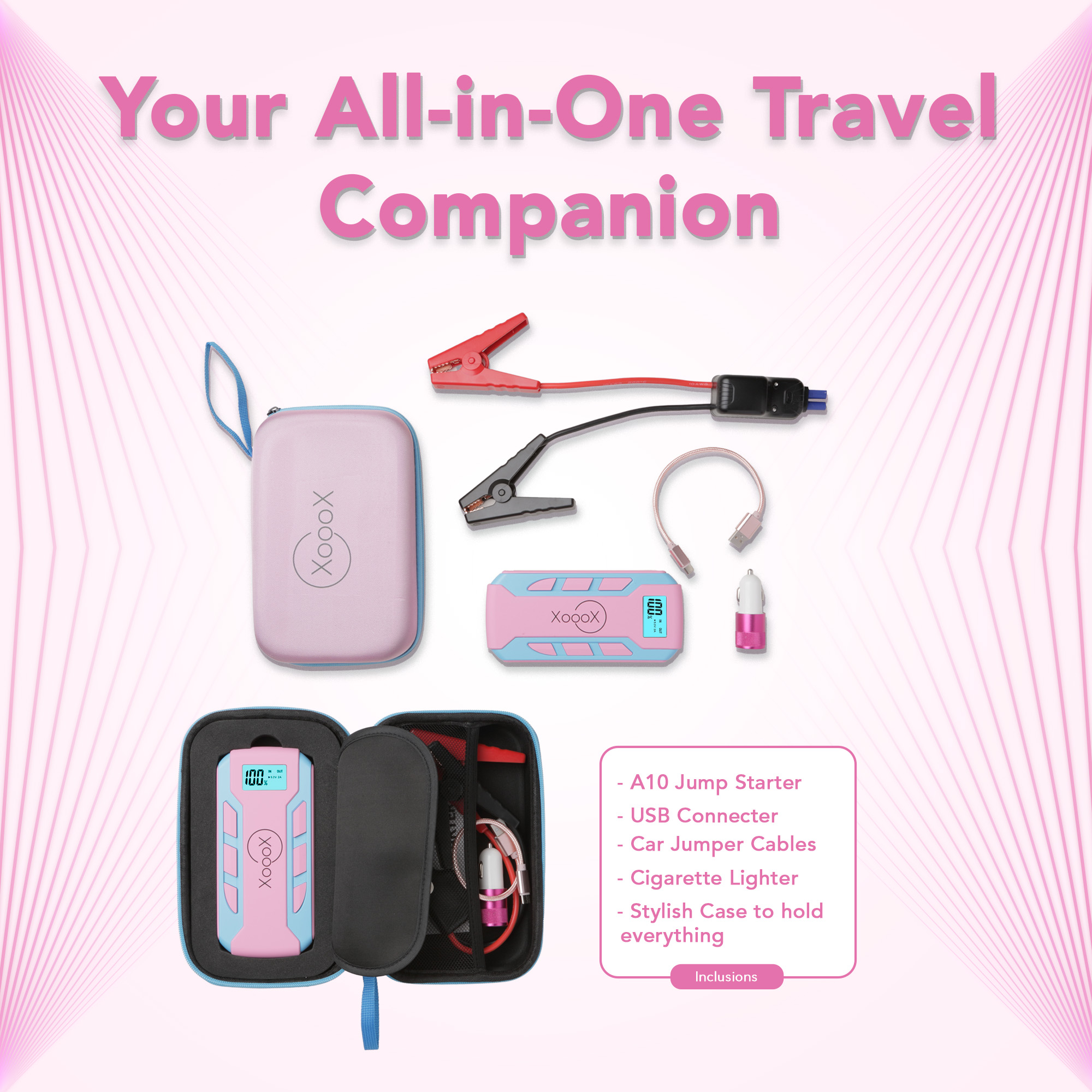 XoooX Pink Portable Car Battery Jump Starter Kit with Jumper Cables, LED Light and Case; 12V Jump Start Battery Pack; Portable Battery Charger for USB/USB-C Devices