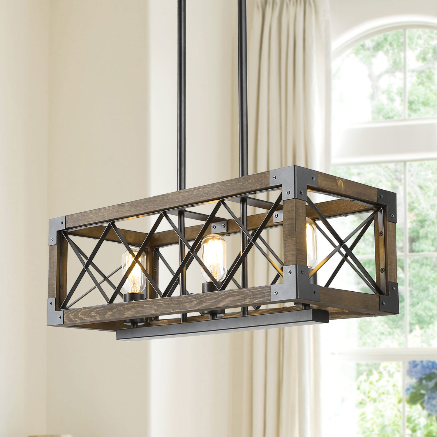 LNC Wood Chandelier 3Light Farmhouse Cage Rectangular Kitchen Island