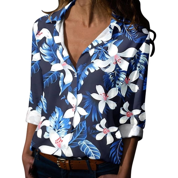 IWRICH Women's Hawaiian Long Sleeve Shirts Coconut Summer Soft Button down V Neck T Shirts Vacation Graphic Printed Tops Navy XL