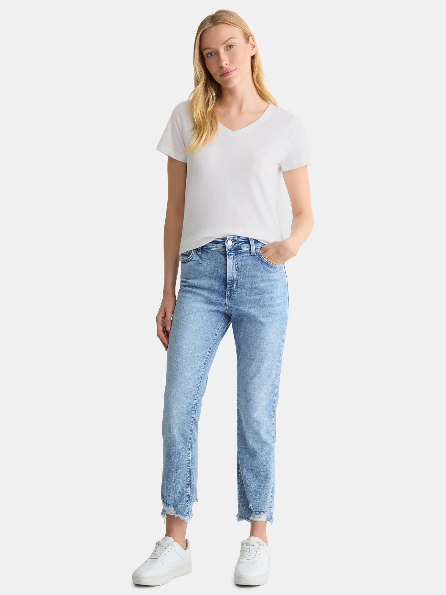 Time and Tru Women's Cotton V-Neck Tee with Short Sleeves, Sizes XS-4X