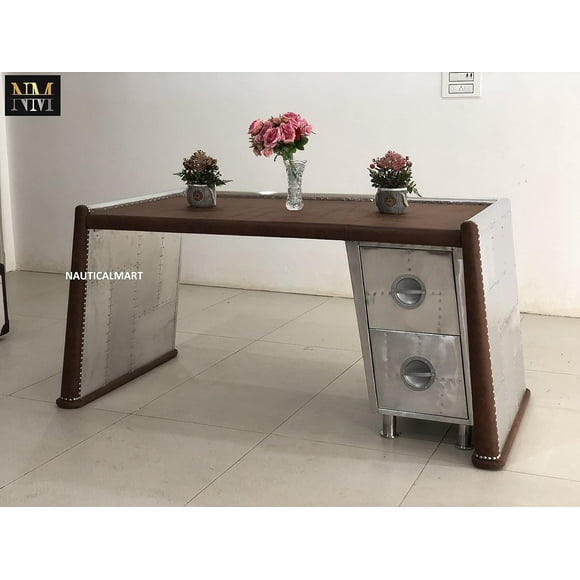 Nauticalmart Bran caster Desk, Distress Chocolate Top Grain Leather & Aluminum Table Aviator Furniture Home and Office Decor (68 Inches)