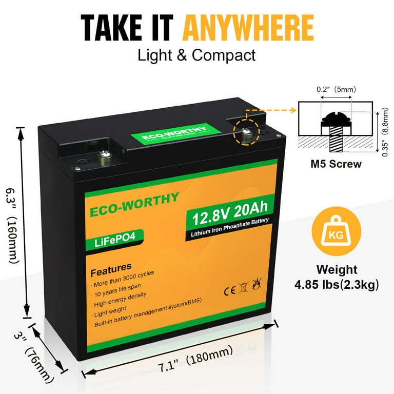 ECO-WORTHY 12V 20Ah Lithium Battery LiFePO4 Battery Deep Cycle for Outdoor Camping RV Boat Solar System