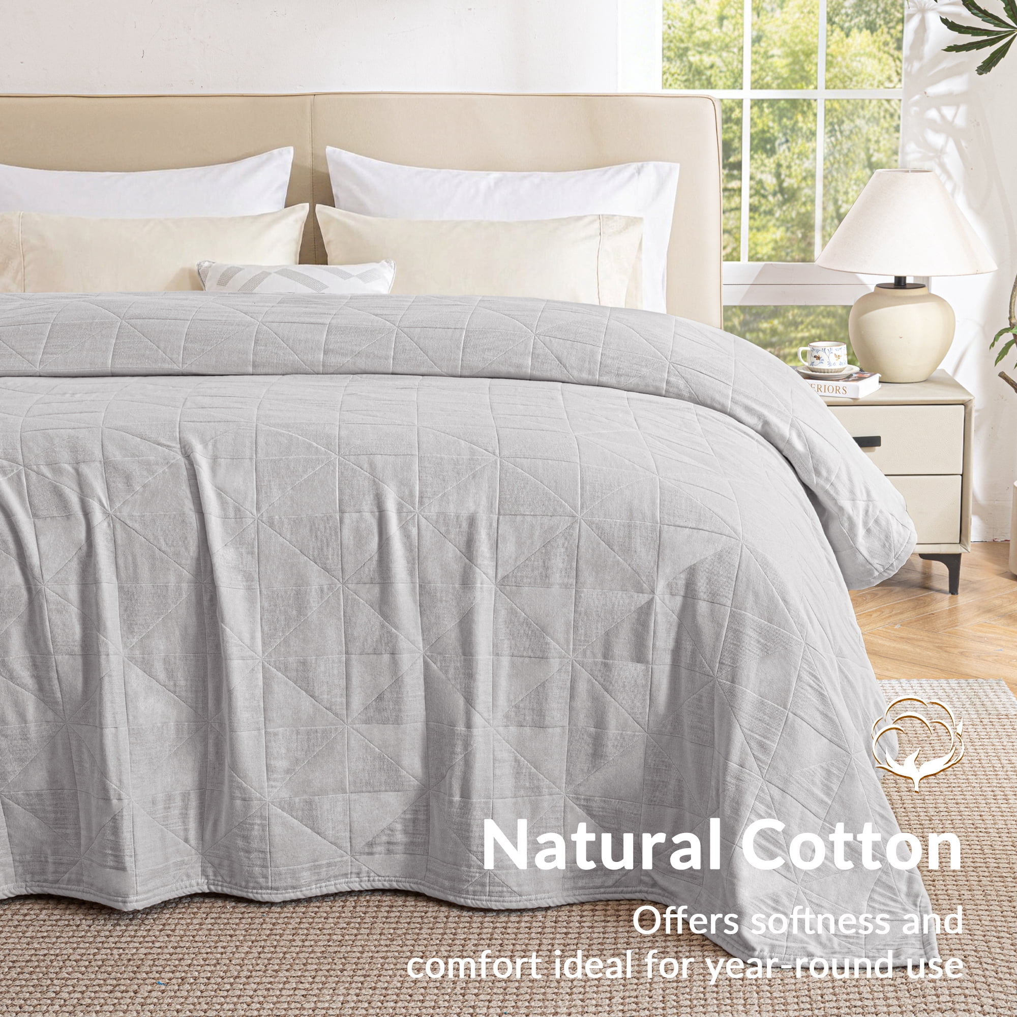 Exclusivo Mezcla 100% Cotton 4 Layers Muslin Twin Blanket for Dorm, Moisture-wicking and Breathable Gauze Blanket with Geometric Pattern for Year Round Comfort, 60"x80", Light Grey