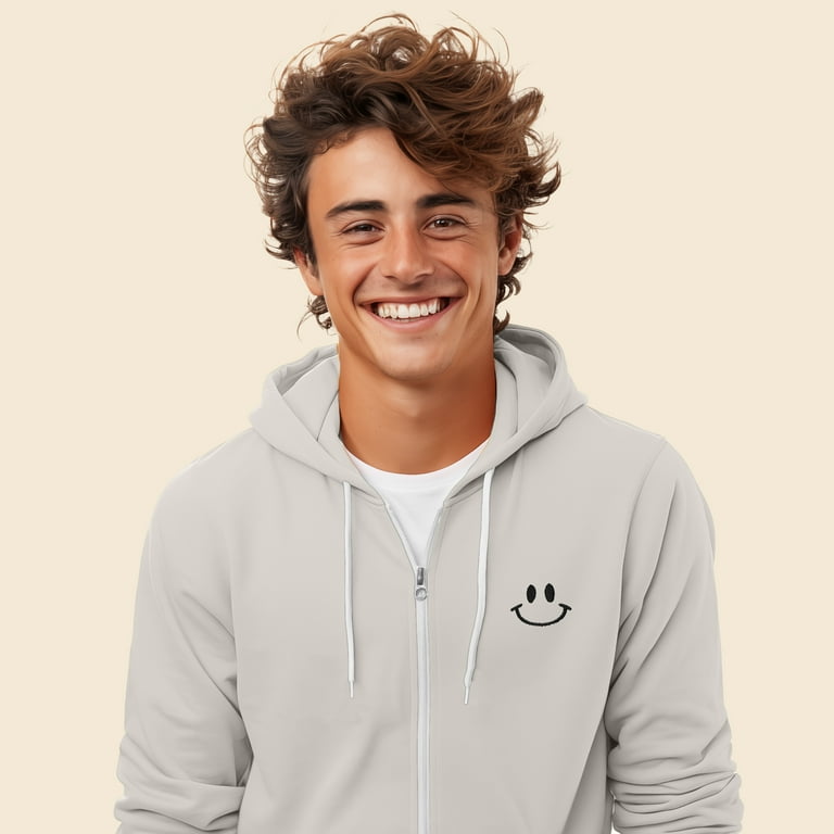 Dalix Smile Face Embroidered Zip Hoodie Fleece Long Sleeve Pocket