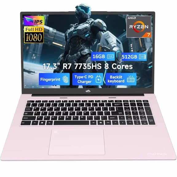17.3" Gaming-Laptop, AMD R7 7735HS (8C/16T, Beats i7-12650H) 16GB DDR5 RAM 512GB SSD Computer with Radeon 680M, 100W Type-C, Wi-Fi 6E, 75Wh Battery, Fingerprint, Backlit Keyboard for Business