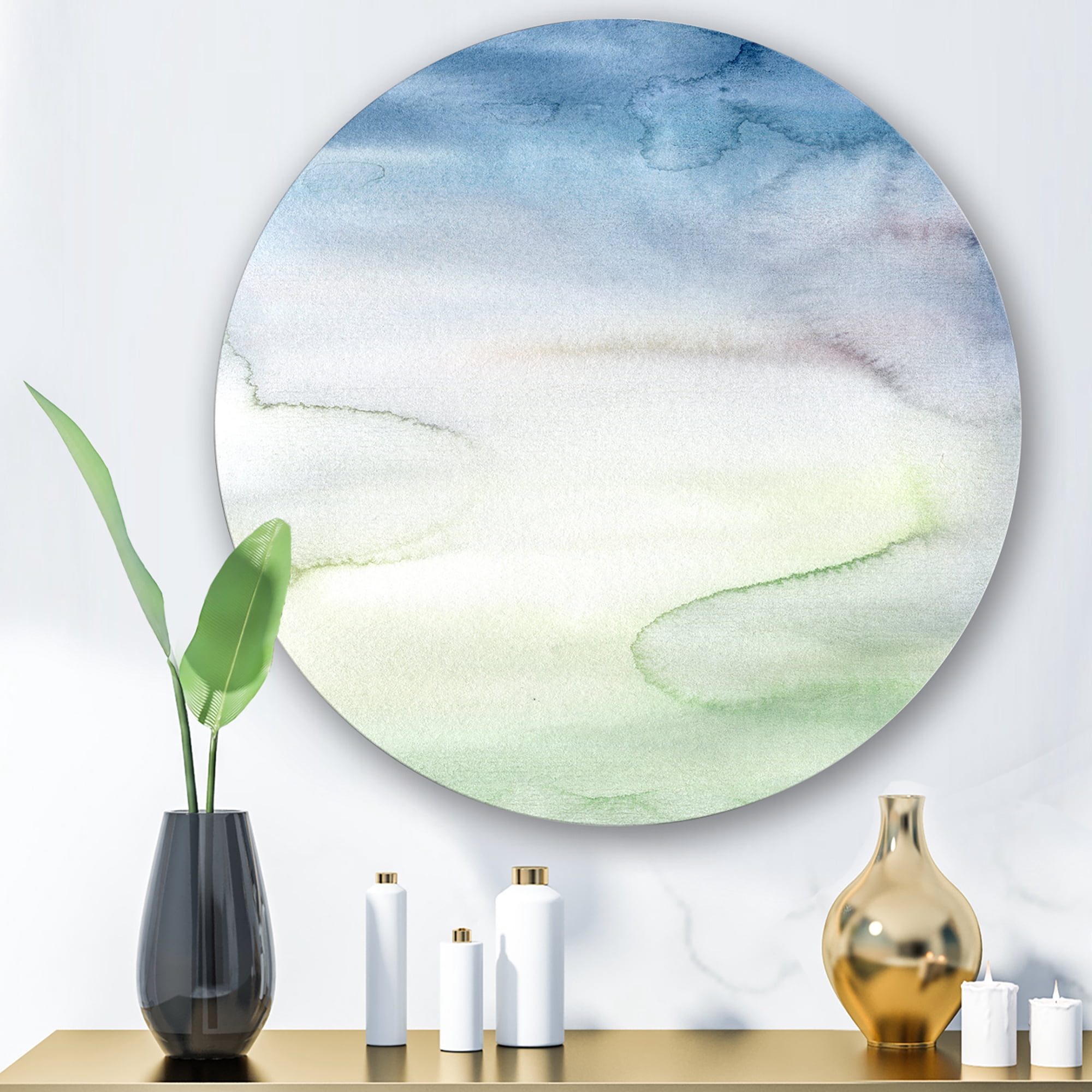 Designart 'Pastel Abstract With Green Dark Blue and White Spots' Modern Circle Metal Wall Art 23x23 - Disc of 23