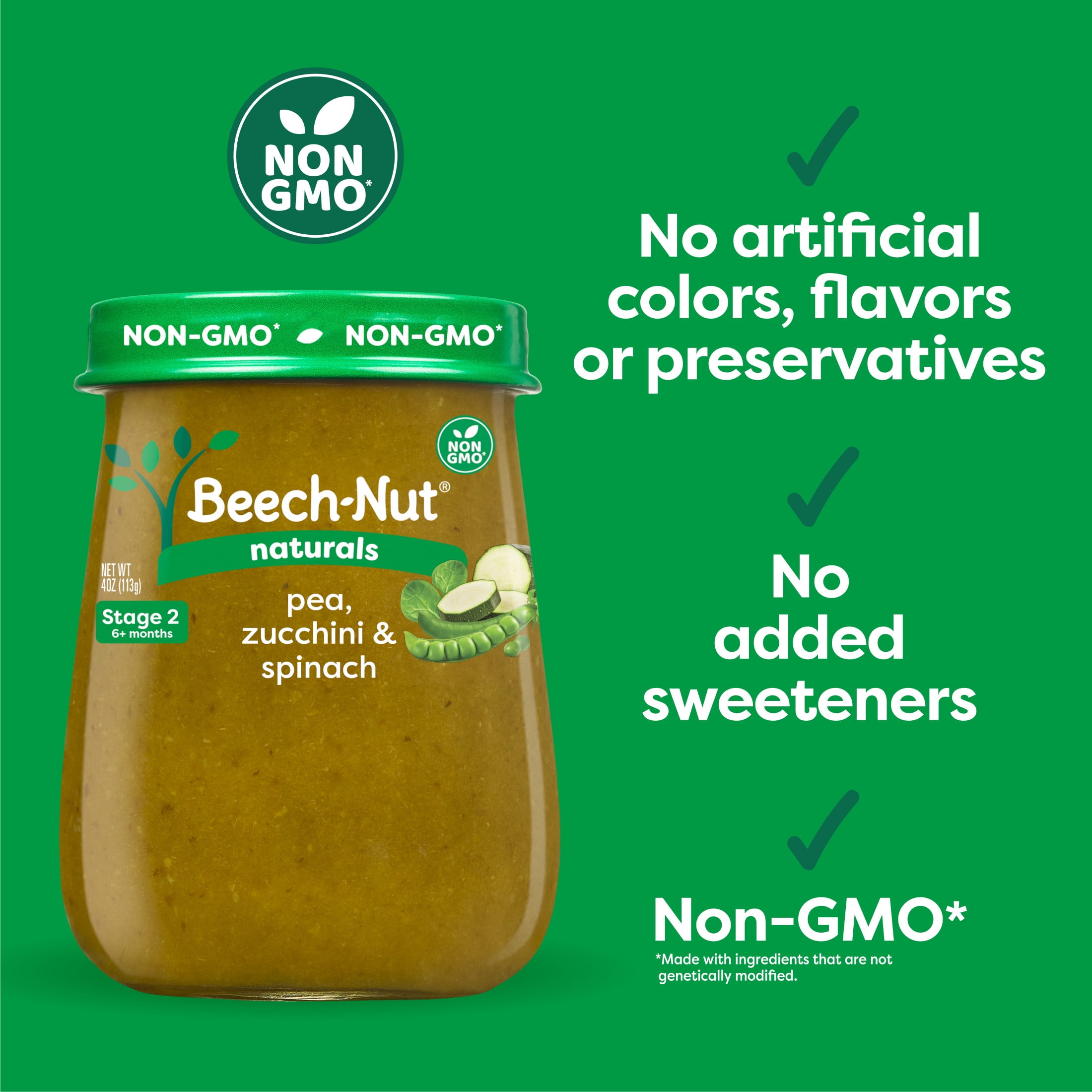 Beech-Nut Naturals Stage 2 Baby Food, Pea Zucchini & Spinach, 4 oz Jar (10 Pack)