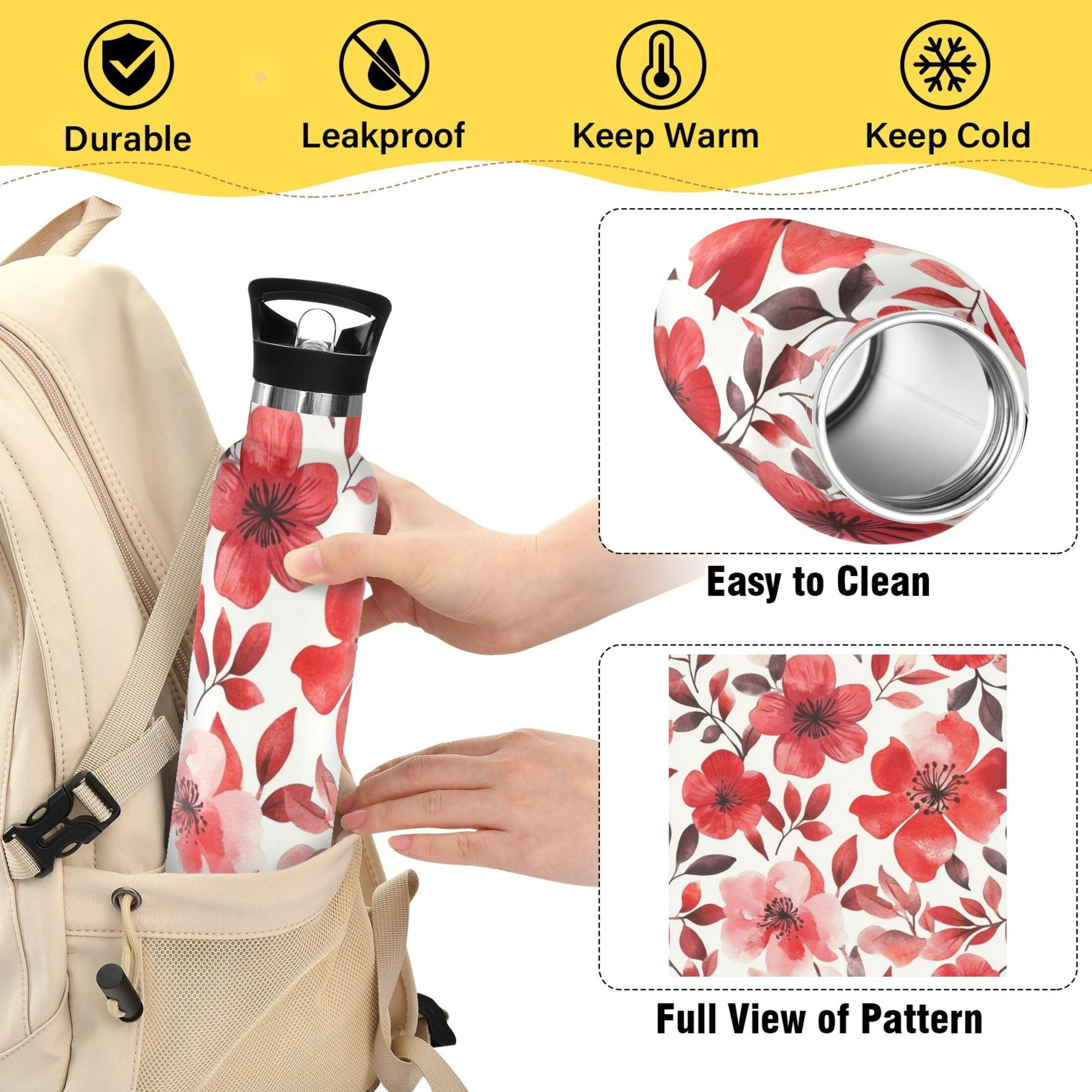 600ML Stainless Steel Insulated Cup Sports Water Bottle Portable Thermos Cup Water Glasses Insulated Tumblers Convenient and Durable Cartoon Red Flowers