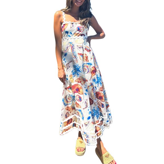 Baby Sweetie Women’s Summer Long Dress Fashion Prin Sleeveless Spaghetti Strap Wavy Trim Dress Flowy A Line Dresses