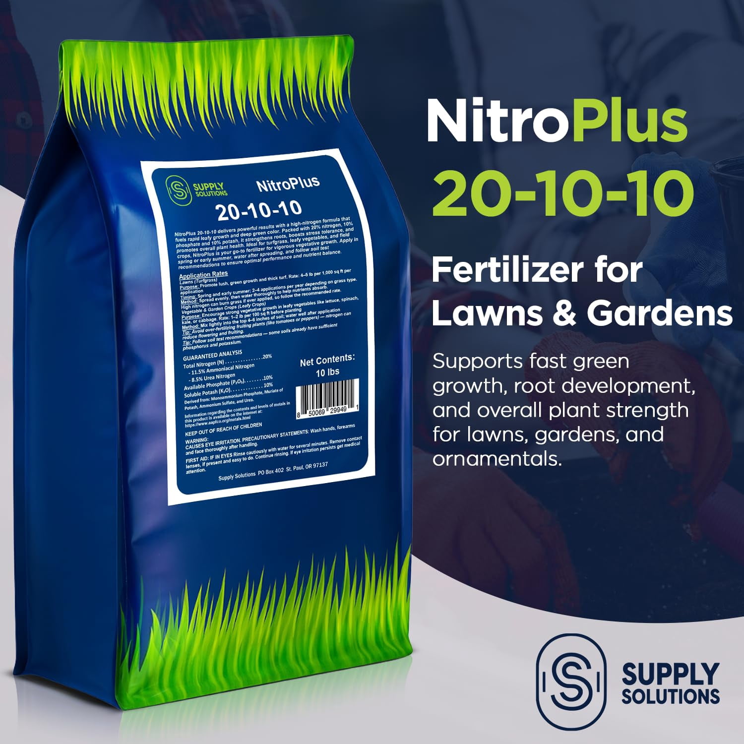 Supply Solutions NitroPlus 20-10-10 Fertilizer for Lawns and Gardens, All Purpose Lawn Fertilizer and Garden Fertilizer, Outdoor Plant Food with Nitrogen Phosphate and Potash Blend (10 Pounds)